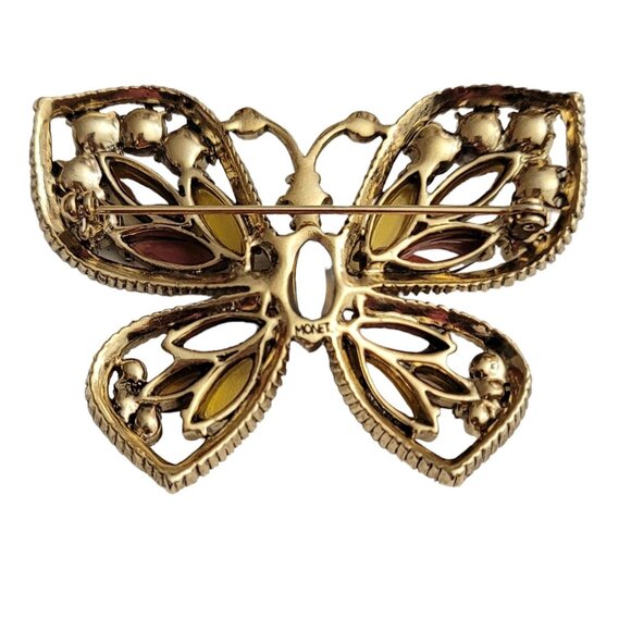 Monet Gold Tone Rhinestone Butterfly Pin Brooch, Signed - Picture 4 of 6